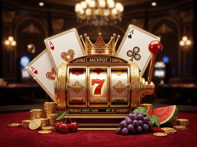 Luxurious online casino gaming interface with gold slot machines